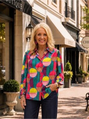 Karlie Multicolor Circle-Print Button Down Shirt - Pink, Yellow, Teal Size S NWT